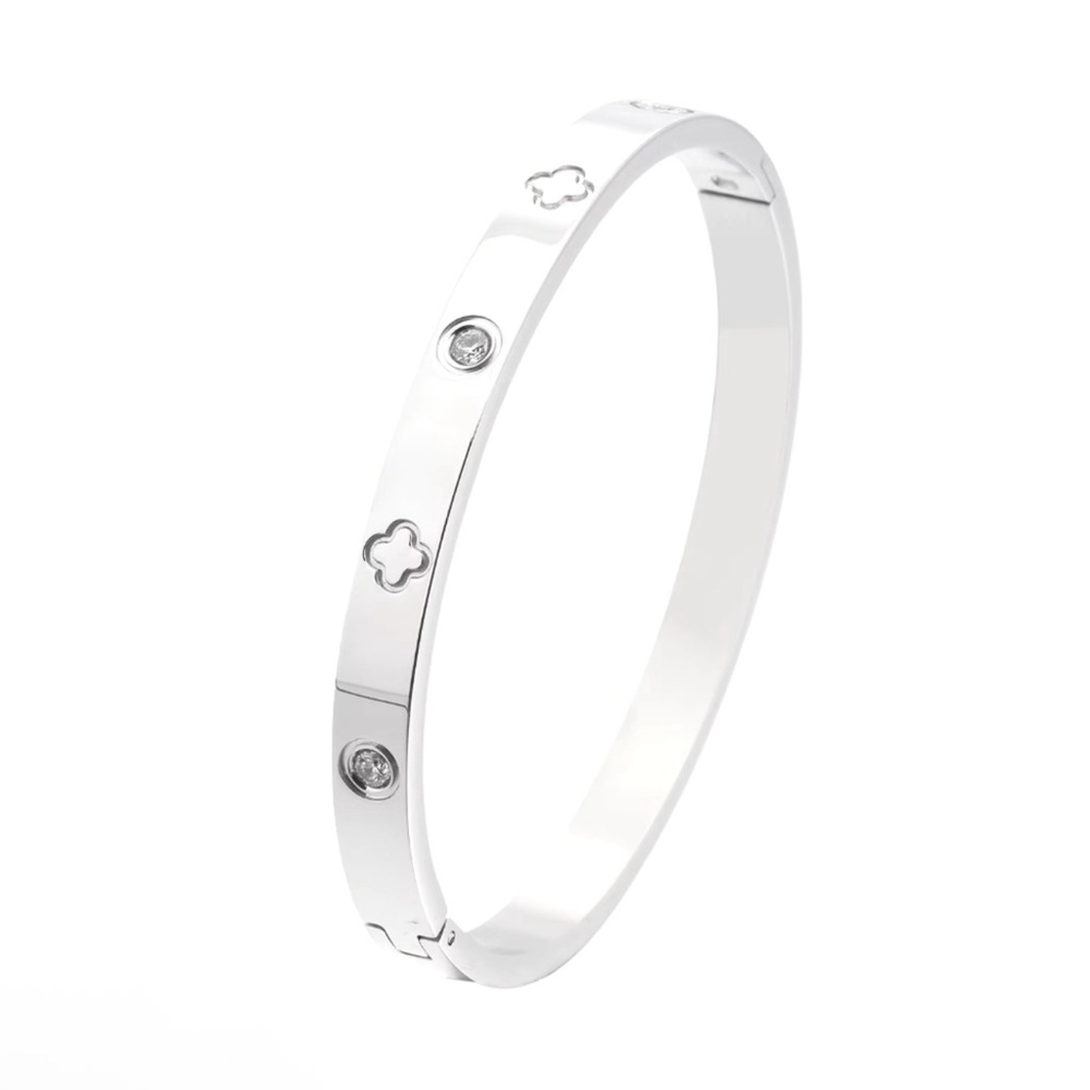 Clover with CZ Silver Tone Stainless Steel Bangle Bracelet